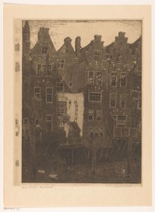 Huse ved Voorstraathaven i Dordrecht Kanalen, Dordrecht (original titel) Gamle huse, Dordrecht (titel på objekt) af Wijnand Otto Jan Nieuwenkamp (signed by artist)
