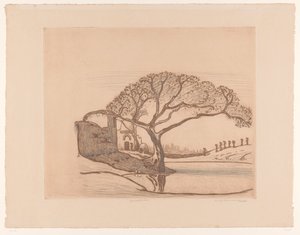 Huse, træ ved dam og kvinder med vandkander på hovedet Nær Cairo (original titel)
