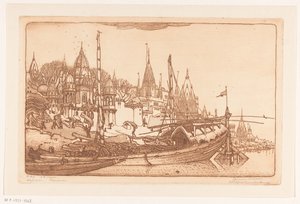 Skib med brænde på bredden af ​​Ganges i Benares Skib med brænde, Benares (original titel) Skibe, Benares (titel på objekt) af Wijnand Otto Jan Nieuwenkamp (signed by artist)