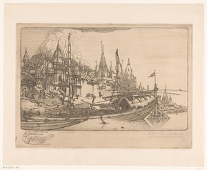 Skib med brænde på bredden af ​​Ganges i Benares Skib med brænde, Benares (original titel) af Wijnand Otto Jan Nieuwenkamp (signed by artist)