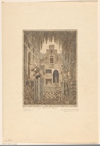 Kvinde i traditionel kjole banker på en hoveddør i Edam Ved hoveddøren (original titel) Indgang til mit hus i Edam (titel på objekt) af Wijnand Otto Jan Nieuwenkamp (signed by artist)