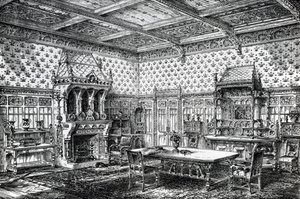 Design til en gotisk spisestue, udgivet i The House-Furnisher & Decorator, 1. september 1872 af Wilberforce Haddon