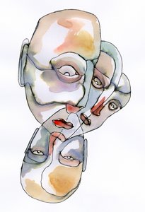 Fragmenterede ansigter – akvarel af Wildemar Doomgriever