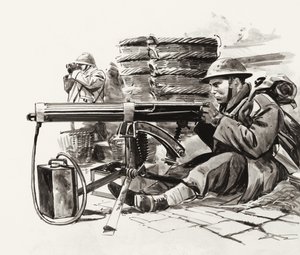 Britisk maskingeværskytte venter på tyskerne uden for Dunkirk (gouache på papir) af Wilf (20th century) Hardy