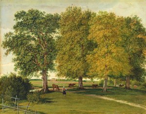 Hyrde med kvæg under efterårstræer, ca. 1821 (olie på papir lagt på pap)
