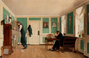Interiør fra Amaliegade. Kaptajn Carl Ludvig Bendz stående og Dr. Jacob Christian Bendz siddende