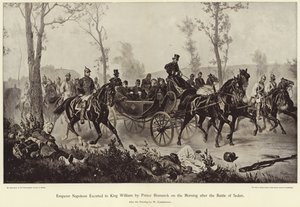 Kejser Napoleon eskorteret til kong William af prins Bismarck om morgenen efter slaget ved Sedan