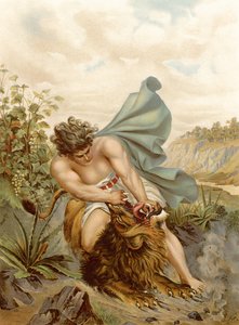 Samson dræber løven (farve litho)