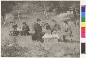Jagtselskab - kejser Franz Joseph til bords med prins Leopold af Bayern og storhertug Ferdinand IV fra Toscana af Wilhelm Gause