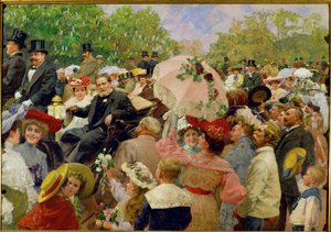 Wiens overborgmester Karl Lueger kører i sin karet under blomsterkoret i Wiens Prater i ... af Wilhelm Gause