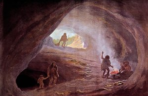 Forhistorie: huler under istiden. Fra et maleri af W. Kranz, det 20. århundrede