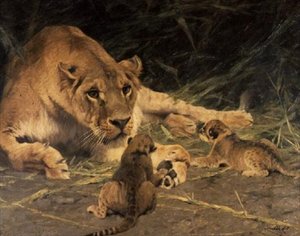 En løvinde og hendes unger af Wilhelm Kuhnert