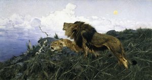Løver i skumringen, af Wilhelm Kuhnert