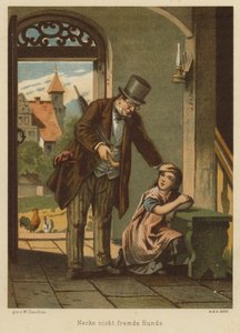Far trøstede sin datter efter at hun havde lidt konsekvenserne af at drille en hund (farve litho)