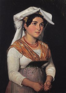 En ung, stående italiensk kvinde, der holder en rosenkrans