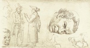 Andet prøveblad i stylografi med munkehoved, heste m.m. af Wilhelm Marstrand