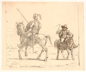 Don Quixote rider mod venstre, Sancho Pansa mod højre af Wilhelm Marstrand