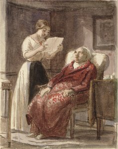 En ung pige læser et brev højt for en gammel mand i rød slåbrok af Wilhelm Marstrand