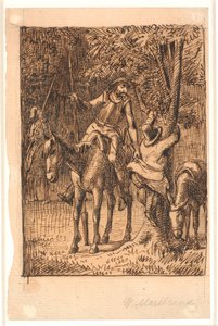 Før kampen med spejlridderen hjælper Don Quixote Sancho Pansa op i et træ af Wilhelm Marstrand