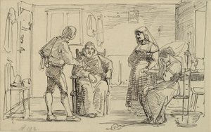 Interiør hvor en ung mand forklarer en siddende munk noget, t.h. grædende pige og gammel kone af Wilhelm Marstrand
