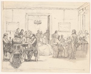 Københavnsk selskabsscene, t.v. kortspillere, t.h. musiceres der af Wilhelm Marstrand