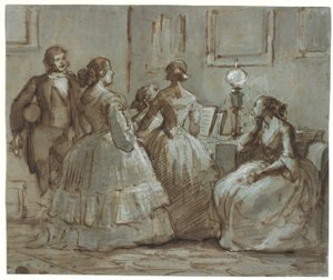 Københavnsk selskabsscene, der musiceres af Wilhelm Marstrand