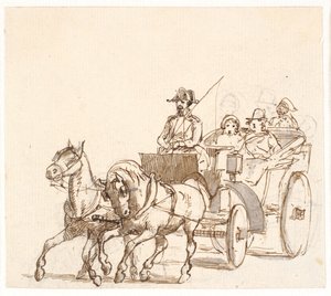 Landauer. Kusk med trekantet hat, herskab og tjener af Wilhelm Marstrand