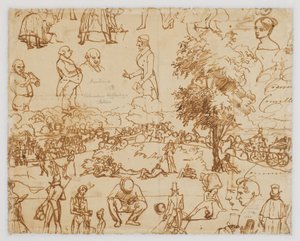 Landschaft mit Pferdewagen und zahlreichen Figurenskizzen af Wilhelm Marstrand