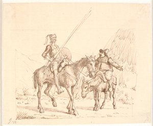 Sancho på æslet forklarer Don Quixote noget