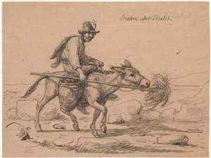"Stræben efter idealet". Italiensk æselrytter driver dyret frem ved at holde en visk hø på en stang for dets snude af Wilhelm Marstrand