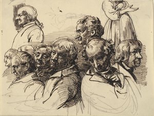 Studieblad med otte mandshoveder og en kvinde uden hoved af Wilhelm Marstrand