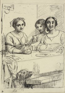 Tre piger ved et bord, under bordet en hund af Wilhelm Marstrand