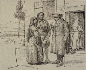 Uden for et hus formaner en præst et ungt ægtepar af Wilhelm Marstrand