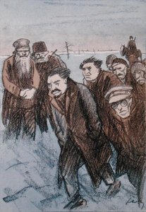 Karikatur af Leon Trotsky (1879-1940) i Sibirien, fra magasinet Simplicissimus, januar 1928 (farve litho)
