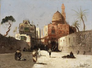 Dansk: Orientalsk gadebillede med moské, minaret og handlende på en forplads. af Wilhelm Sohn