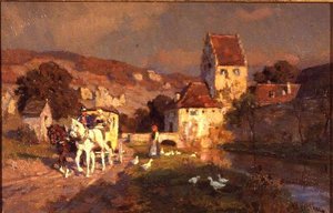 En Hest og Vogn ved en Flod af Wilhelm Velten