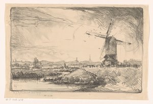 Landskab med vindmølle nær Leiden af Willem Adrianus Grondhout (signed by artist)