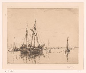 Havn med fortøjet to-mastet Haven, Norderney (original titel)