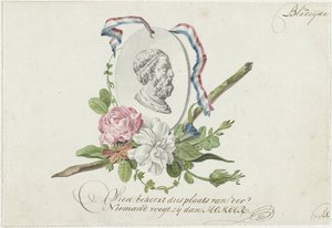 Vignette med blomster, portrætmedaljon og bånd af Willem Bilderdijk