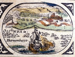 Brasilien, udsigt over Pernambuco (Recife), Atlas af W. G. Blaeu, Amsterdam 1600. af Willem Blaeu