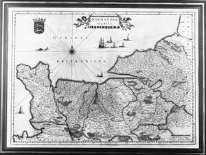 Kort over Normandiet efter en illustration fra Theatrum Orbis Terrarum eller Atlas Novus af Willem og Joan Blaeu, plade, der repræsenterer Normandiet Ducatus af Willem Blaeu