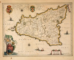 Kort over Sicilien, af Willem Blaeu, fra Regionum Italiae, gravering