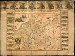 Ny og nøjagtig illustration af Tyskland i dets helhed af Willem Janszoon Blaeu, kobberstik, trykt i Amsterdam af Willem Blaeu