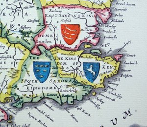 Skjolde af Sussex, Kent og Essex fra Heptarkiet; et samlet navn for de angelsaksiske kongeriger i det sydlige, østlige og centrale England i den sene oldtid og den tidlige middelalder. af Willem Blaeu