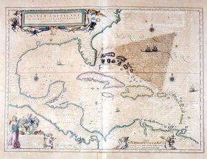 Det Caribiske Hav: Du kan se Bermuda-trekanten mellem Bermuda-øgruppen, Miami og Puerto Rico. Ifølge Wilhelm Blaeus Atlas