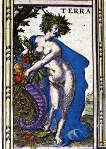 Jorden, et af de fire elementer repræsenteret i Atlas of W. Blaeu trykt i Amsterdam i 1655. af Willem Blaeu