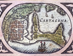 Udsigt over Cartagena i Colombia (Sydamerika). Detalje af et kort over Atlas "" Le Theatre du Monde"" af Willem Janszoon Blaeu (1571-1638) af Willem Blaeu