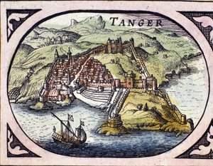 Udsigt over den befæstede by Tanger og kysten, Marokko. Kort fra det hollandske atlas af W. G. Blaeu, Amsterdam af Willem Blaeu
