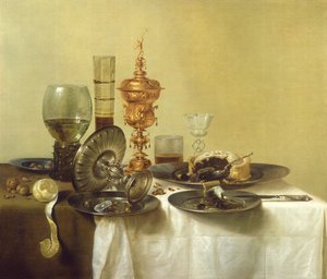 Stilleben med glas, tallerkener og mad, 1638