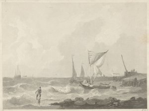 Fiskerbåde ved et havnehoved af Willem Hendrik Hoogkamer